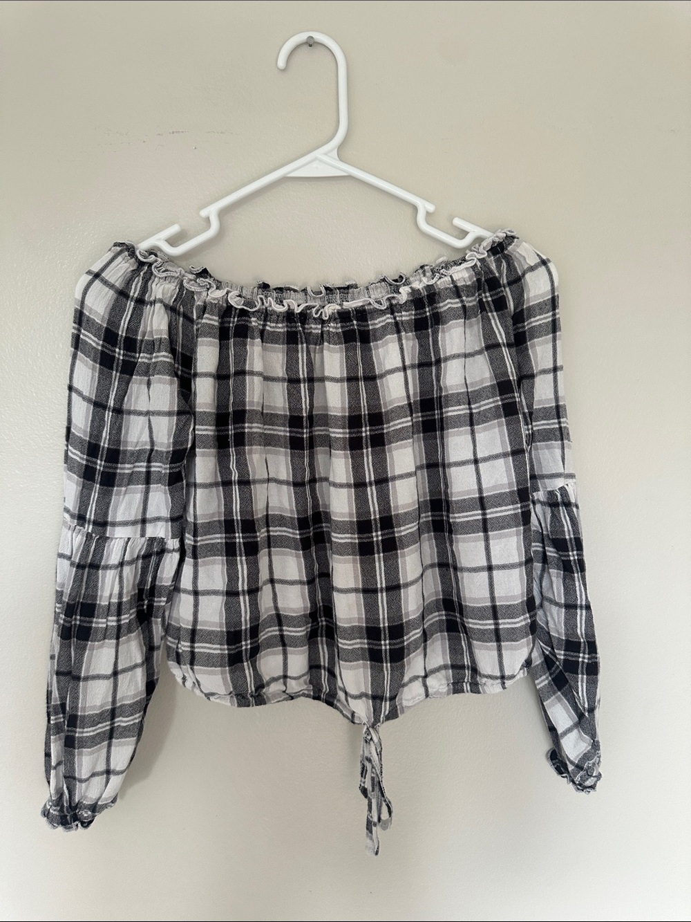Hollister Black and White Plaid Off-Shoulder Blouse